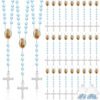 Taiyin 36 Pcs Wooden Bead Rosary Necklace with Crucifix and Our Lady of Guadalupe Scented First Communion Rosary with 36 Organza Bags Baptism Favors Catholic Gift for Men Women - color: Light Blue