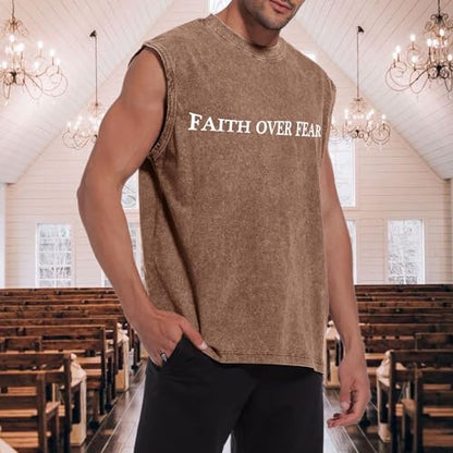 Mens Christian Sleeveless Shirts Faith Over Fear Graphic Tank Tops Gym Workout Acid Wash Tanks Cut Off Muscle Shirt - color: Coffee, size: XX-Large