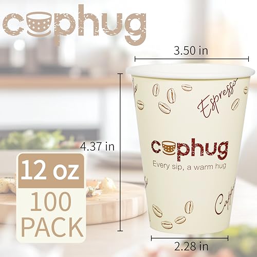 12oz Disposable Coffee Cups with Lids, Kraft Sleeves & Straws, 100 Pack Black Paper Hot Drink Cups - color: Yellow, size: 12oz-100Pack