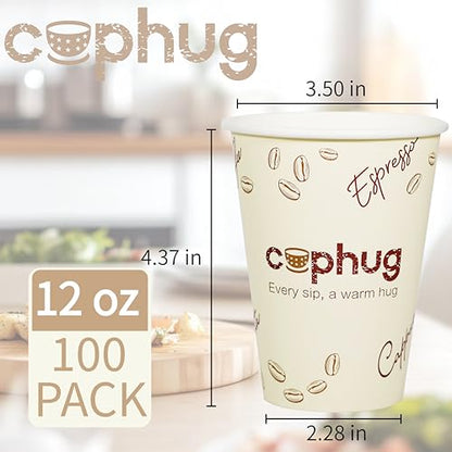 12oz Disposable Coffee Cups with Lids, Kraft Sleeves & Straws, 100 Pack Black Paper Hot Drink Cups - color: Yellow, size: 12oz-100Pack