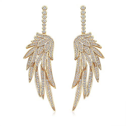 Crystal Cubic Zirconia Angel Wings Dangle Drop Earrings for Women Silver Rhinestone Guardian Angle Dangling statement Earrings gifts for Wife Mom Her - color: Gold