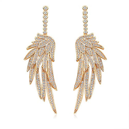 Crystal Cubic Zirconia Angel Wings Dangle Drop Earrings for Women Silver Rhinestone Guardian Angle Dangling statement Earrings gifts for Wife Mom Her - color: Gold