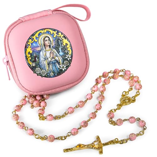 Handmade Rosary Beads for Women, Elegant Catholic Gifts for First Communion, Confirmation & Spiritual Prayer, Unique Beaded Rosary Necklace with Zippered Case - color: Pink - Our Lady of Lourdes