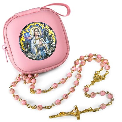 Handmade Rosary Beads for Women, Elegant Catholic Gifts for First Communion, Confirmation & Spiritual Prayer, Unique Beaded Rosary Necklace with Zippered Case - color: Pink - Our Lady of Lourdes