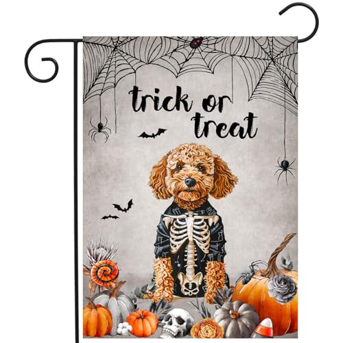 Halloween Golden Doodle Garden Flag Trick or Treat Yard Flag Ghost Dog Garden Flags for Outside 12x18 Double Sided Small Dachshund Skeleton Halloween Decor Outdoor Lawn Welcome Flag - color: halloweendoodle