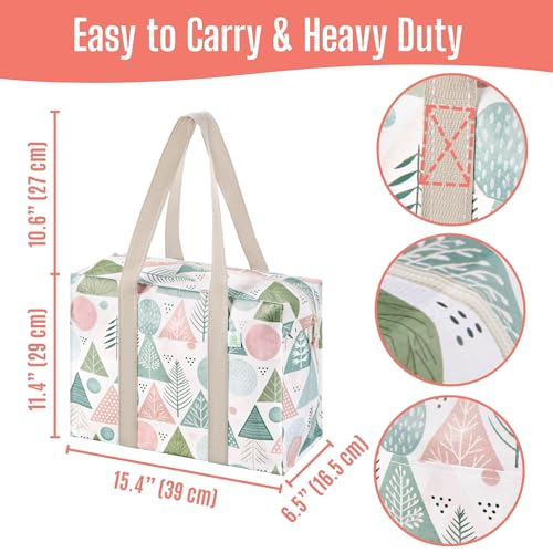 VENO 2 Pack Utility Tote Reusable Grocery Bags with Zipper & Hard Bottom - color: Pastel Forest, size: 2 Pack
