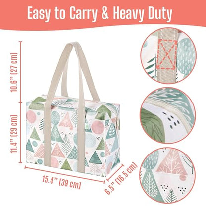 VENO 2 Pack Utility Tote Reusable Grocery Bags with Zipper & Hard Bottom - color: Pastel Forest, size: 2 Pack