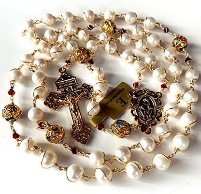 elegantmedical HANDMADE Gold Wire Wrapped Bead AAA White 10mm Real Pearl Rosary Cross NECKLACE BOX