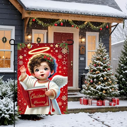 IVN Merry Christmas Angel Garden Flag 12x18 Inch Double Sided - color: Angel Singing with Red Book