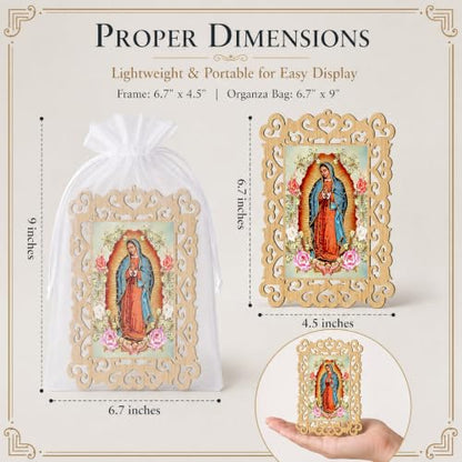 12 Pc Our Lady of Guadalupe Wooden Frames with Organza Bags, Baptism Favors