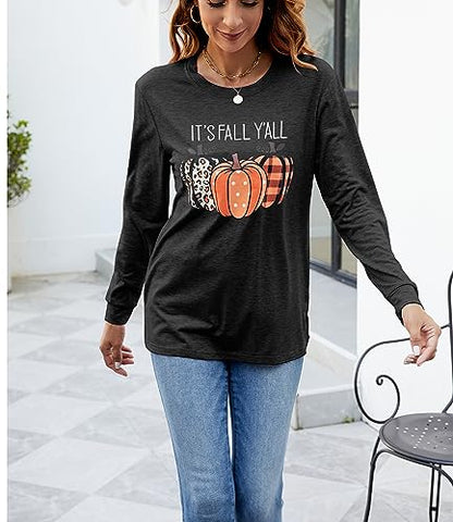 Womens Pumpkin Graphic Sweatshirts Crewneck Casual Fall Long Sleeve Tops - color: Black, size: Medium