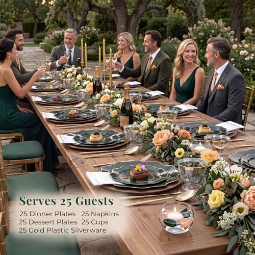 WDF 175Pcs Green Plastic Plates - Green Plates Disposable with Gold Rim - Christmas Plastic Plate - Fancy Disposable Dinnerware Sets 25 Guests Ideal for Party/Wedding/Birthday - color: Green and Gold, size: 175 pieces