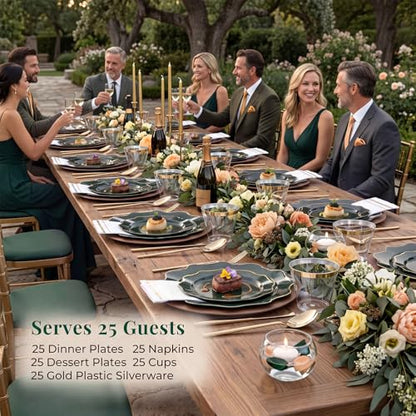 WDF 175Pcs Green Plastic Plates - Green Plates Disposable with Gold Rim - Christmas Plastic Plate - Fancy Disposable Dinnerware Sets 25 Guests Ideal for Party/Wedding/Birthday - color: Green and Gold, size: 175 pieces