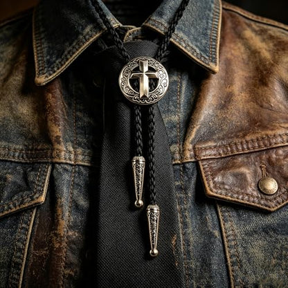 Fashionable Cross Bolo Tie Multi-Color Cross Shield Necktie - color: Retro Silver-style 3