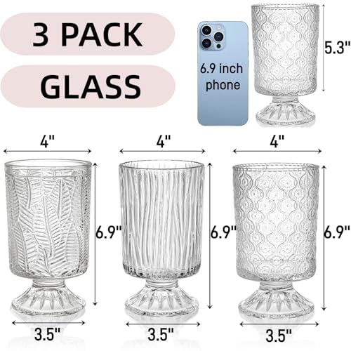 Pumtus 3 Pack Flower Vases for Centerpieces, Vintage Glass Pedestal Vase Set, Decorative Embossed Big Base Vase, Clear Hurricane Candle Holder, Medium Cylinder Vase for Wedding, Home, Party, Office