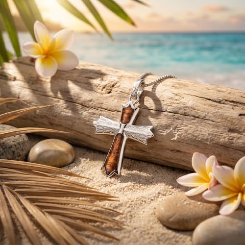 Sterling Silver Koa Wood Inlay Cross Crucifix Necklace Pendant with 18" Box Chain, Nickel Free Hypoallergenic for Sensitive Skin, Gift Box Included - color: Scroll Cross