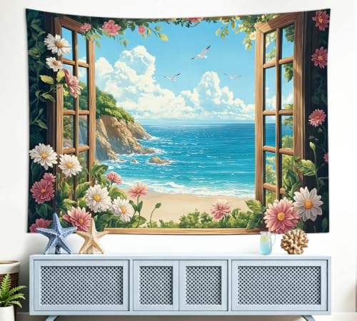 EOBTAIN Coastal Beach Tapestry Ocean Floral Window Wall Tapestry,80x60 Inch - color: Blue Green, size: 40"L x 60"W