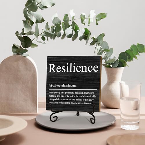 Resilience Wooden Sign Decor, Inspirational Definition Quote Plaque, Rustic Wooden Plaque Sign With Iron Stand, Farmhouse Home Office Restroom Desk Shelf Decorations - style: Inspirational