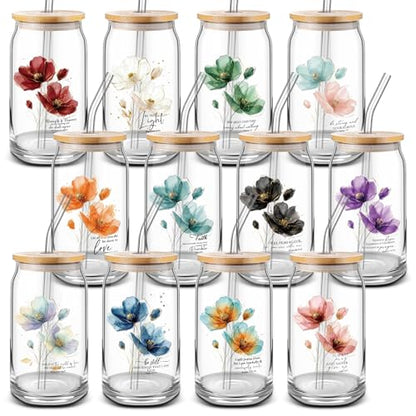 Funnymoom 12 Pcs 12 Pcs Christian Gift Bulk 16 oz Bible Glass Cups, Floral - style: Floral