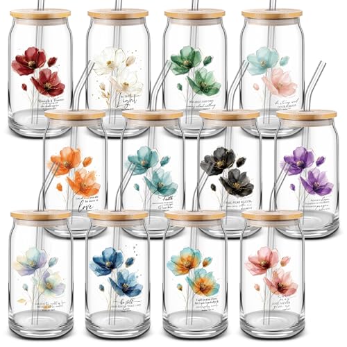 Funnymoom 12 Pcs 12 Pcs Christian Gift Bulk 16 oz Bible Glass Cups, Floral - style: Floral