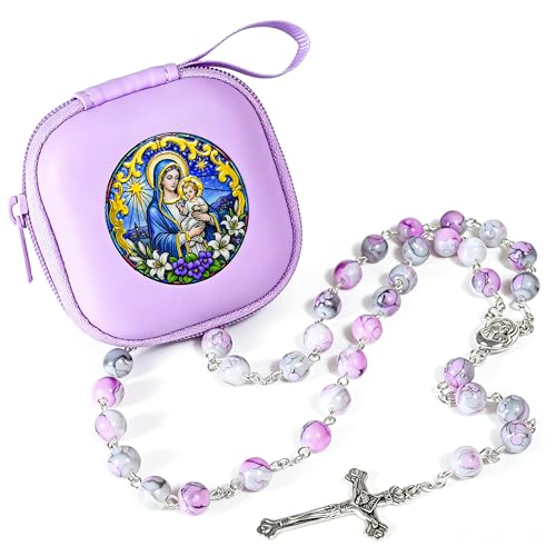 Handmade Rosary Beads for Women, Elegant Catholic Gifts for First Communion, Confirmation & Spiritual Prayer, Unique Beaded Rosary Necklace with Zippered Case - color: Light Purple - Madonna And Child