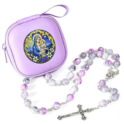 Handmade Rosary Beads for Women, Elegant Catholic Gifts for First Communion, Confirmation & Spiritual Prayer, Unique Beaded Rosary Necklace with Zippered Case - color: Light Purple - Madonna And Child