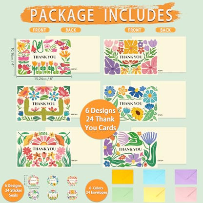 Thank You Cards Bulk with Envelopes Stickers Appreciation Cards Notes - color: flower thank you card, size: 24pcs