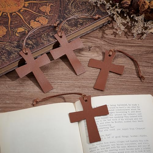 4PCS PU Leather Bible Cross Bookmarks Set for Reading Brown Personalized Blank Book Marks Soft Thin Leather Page Markers with Tassel for DIY Craft Book Mark Bookwormss Readers Christmas