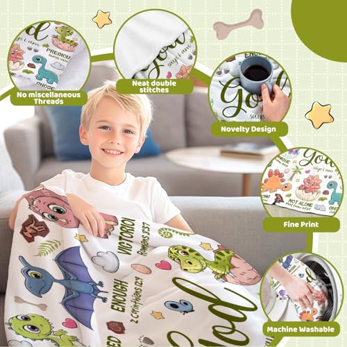 Dinosaur Christian Gift Blanket, God Says I Am Bible Verse Throw 60x80" - color: Bible-dinosaur, size: 60"x80"