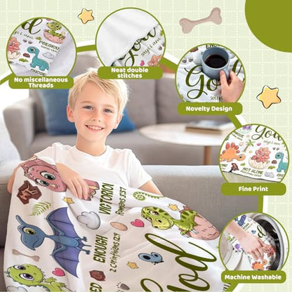 Dinosaur Christian Gift Blanket, God Says I Am Bible Verse Throw 60x80" - color: Bible-dinosaur, size: 60"x80"