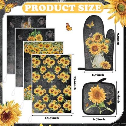 Leinuosen 8 Pcs Black Sunflower Kitchen Towels Dishcloths Accessories Set - color: Black, style: Sunflower