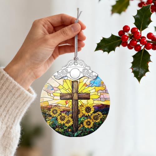 Sunflower and Cross Ornament, Christian Christmas Ornament, Religious Christmas Decor, Christian Home Decor, Gifts for Christians, Religious Gifts, Baptism Gift, Easter & Xmas Gift - color: Cross Pattern F