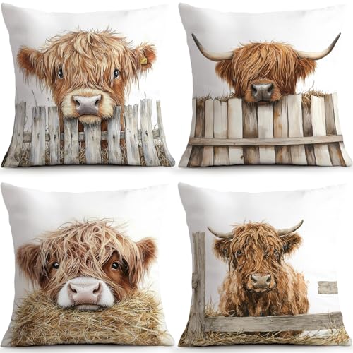 Highland Cow Throw Pillow Covers Set of 4, 18x18 Farmhouse Decor - color: Highland Cow White, size: 18" x 18" (Pack of 4)
