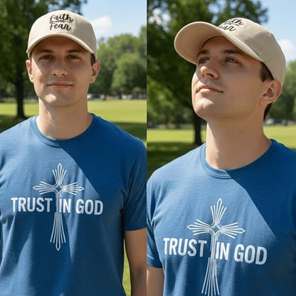 Faith Over Fear Christian Hats, Embroidered Baseball Caps for Adults - color: Tan Black