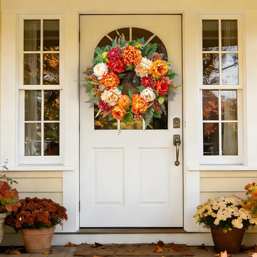 24 InchFall Wreaths for Front Door Autumn Wreath with Peony, Pumpkins - color: Orange1