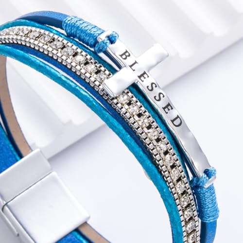 Christian Cross Leather Bracelets Boho Western Blessing Religious Jewelry - color: Royal Blue