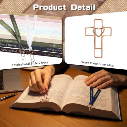Resurhang 80 Pack Heart Cross Paper Clips with Ribbons 40 Rose Gold Bible Paper Clips 40 Christian Bookmark Ribbons Bible Study Journaling Supplies Easter Eggs Fillers Women Christian Gifts - color: Rose Gold