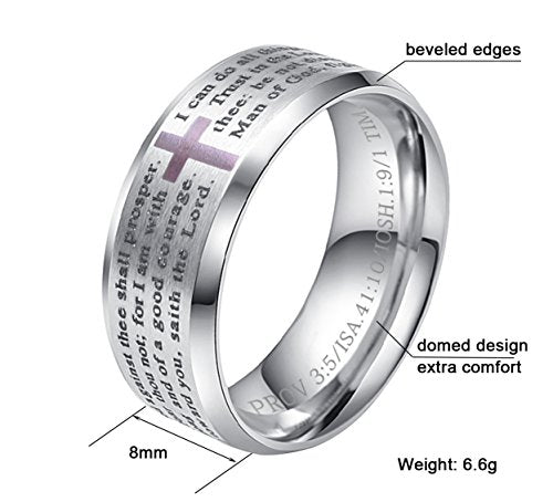 ALEXTINA 8MM Men's Stainless Steel Bible Verse Christian Lord's Prayer Cross Ring Wedding Bands Spinner Ring Laser Engraved - style: Silver tone