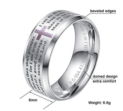 ALEXTINA 8MM Men's Stainless Steel Bible Verse Christian Lord's Prayer Cross Ring Wedding Bands Spinner Ring Laser Engraved - style: Silver tone