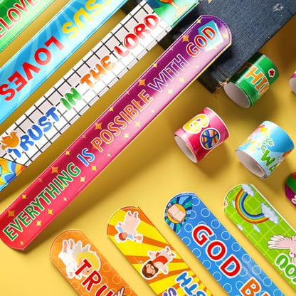 POPLAY 48PCS Christian Slap Bracelets, Snap Wristbands Bible Verses Religious Snap Bracelets for Kids Sunday School Gifts Classroom Prizes (Pack of 2) - size: 8.6 inches (Pack of 2)