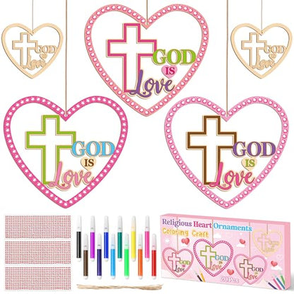 BeYumi Valentines Wooden Ornament Craft - 20Pcs Valentine's Day DIY Wooden GOD is Love Ornaments Craft Kit for Kids Make Your Own Religious Cross Decor with Gem Stickers Church School Party Supplies - style: Heart