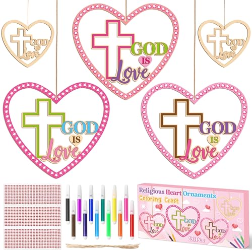 BeYumi Valentines Wooden Ornament Craft - 20Pcs Valentine's Day DIY Wooden GOD is Love Ornaments Craft Kit for Kids Make Your Own Religious Cross Decor with Gem Stickers Church School Party Supplies - style: Heart