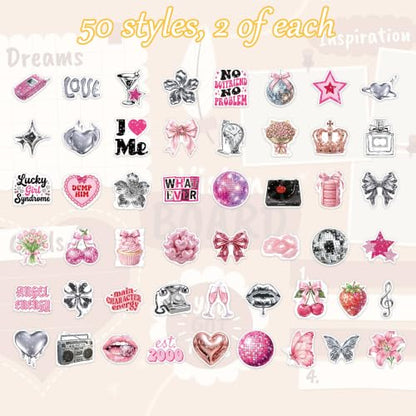 100 Pcs Pink Y2K Girly Vinyl Stickers - color: Pink Y2k Aesthetic
