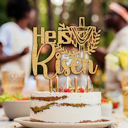 He is Risen Cake Topper, Jesus Easter Cake Décor, Religious Cross Cake Decoration, Spring Easter Party Decorations Supplies, Gold Glitter