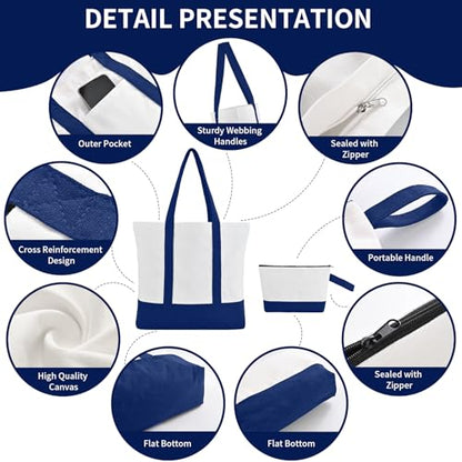 2-Pack Canvas Tote Bags and Makeup Bags, Cotton Zipper Bag, Navy Blue - color: Navy Blue/White