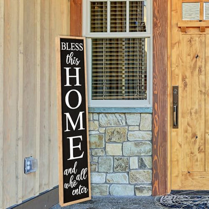 Welcome Sign for Front Door, Wood Black, 45"X9" - color: Bless this Home And All Who Enter(Wood Black)