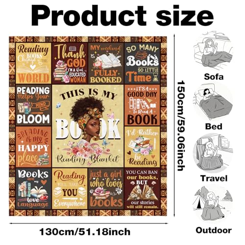 African American Book Lovers Gifts, Book Reading Throw Blanket, Librarian Bookish Books Club Gift for Black Women Bookworms Birthday Graduation Present Ideas Soft Flannel Blankets 50'' x 60'' - color: Brown-african American