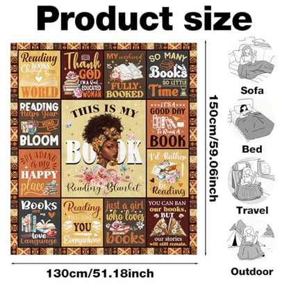 African American Book Lovers Gifts, Book Reading Throw Blanket, Librarian Bookish Books Club Gift for Black Women Bookworms Birthday Graduation Present Ideas Soft Flannel Blankets 50'' x 60'' - color: Brown-african American