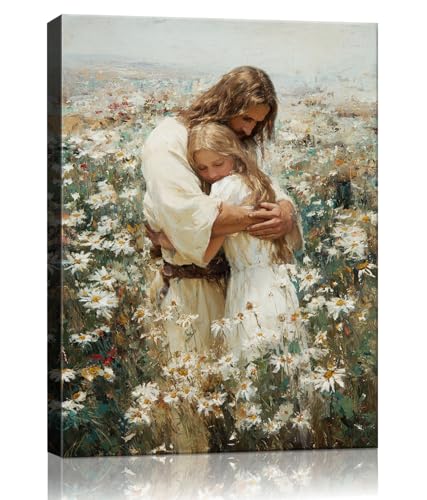 Jesus Hugging Girl Canvas Wall Art Jesus and Woman Wall Decor Pictures Modern Christian Healing Embrace Mormon Prints Posters for Living Room Hallway Kitchen Bathroom Bedroom Decoration 16x24 Framed - color: Embrace -1, size: 16"L x 24"W