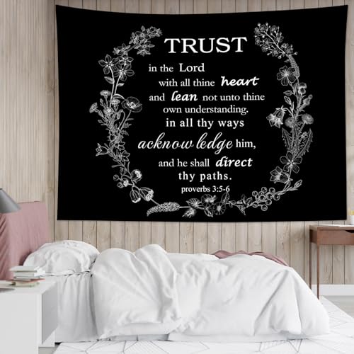 EOBTAIN Bible Verse Tapestry Wildflower and White Christian Scripture on Black Wall Tapestry Inspirational Quotes Aesthetic Tapestries Wall Hanging Decor for Living Room Bedroom 59"x51" - color: Black White, size: 51"L x 59"W